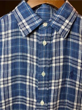 NWOT Polo by Ralph Lauren Blue Plaid 100% Cotton/Linen Button-Up Shirt